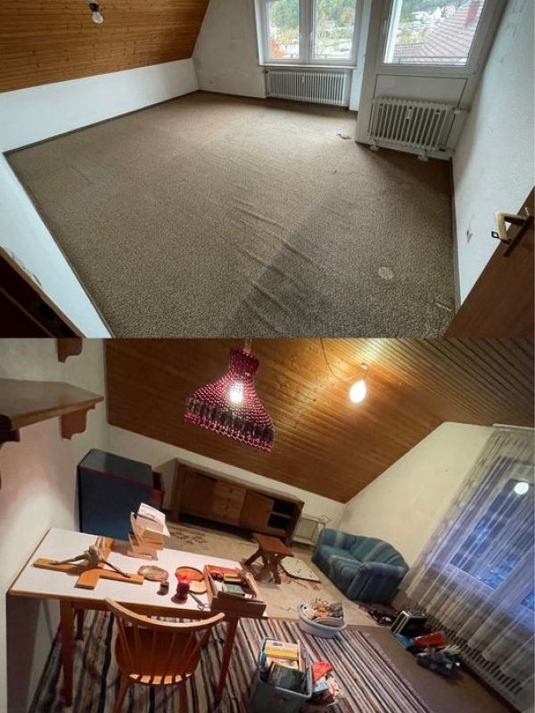 Vorher-Nachher: Dachzimmer-Entrümpelung – vom vollgestellten Raum zum leeren Zimmer